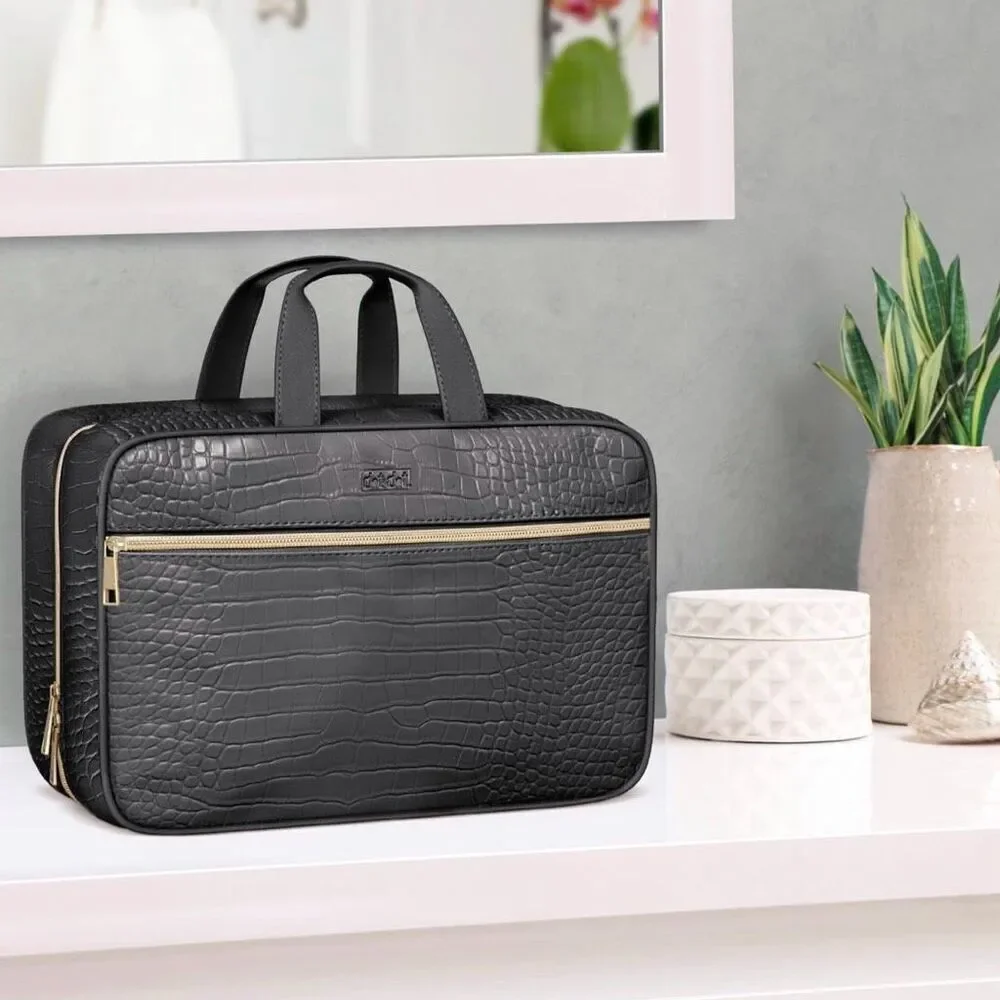 Leather Hanging Toiletry Bag for Men Women Spacious Toiletry Travel Bag Black